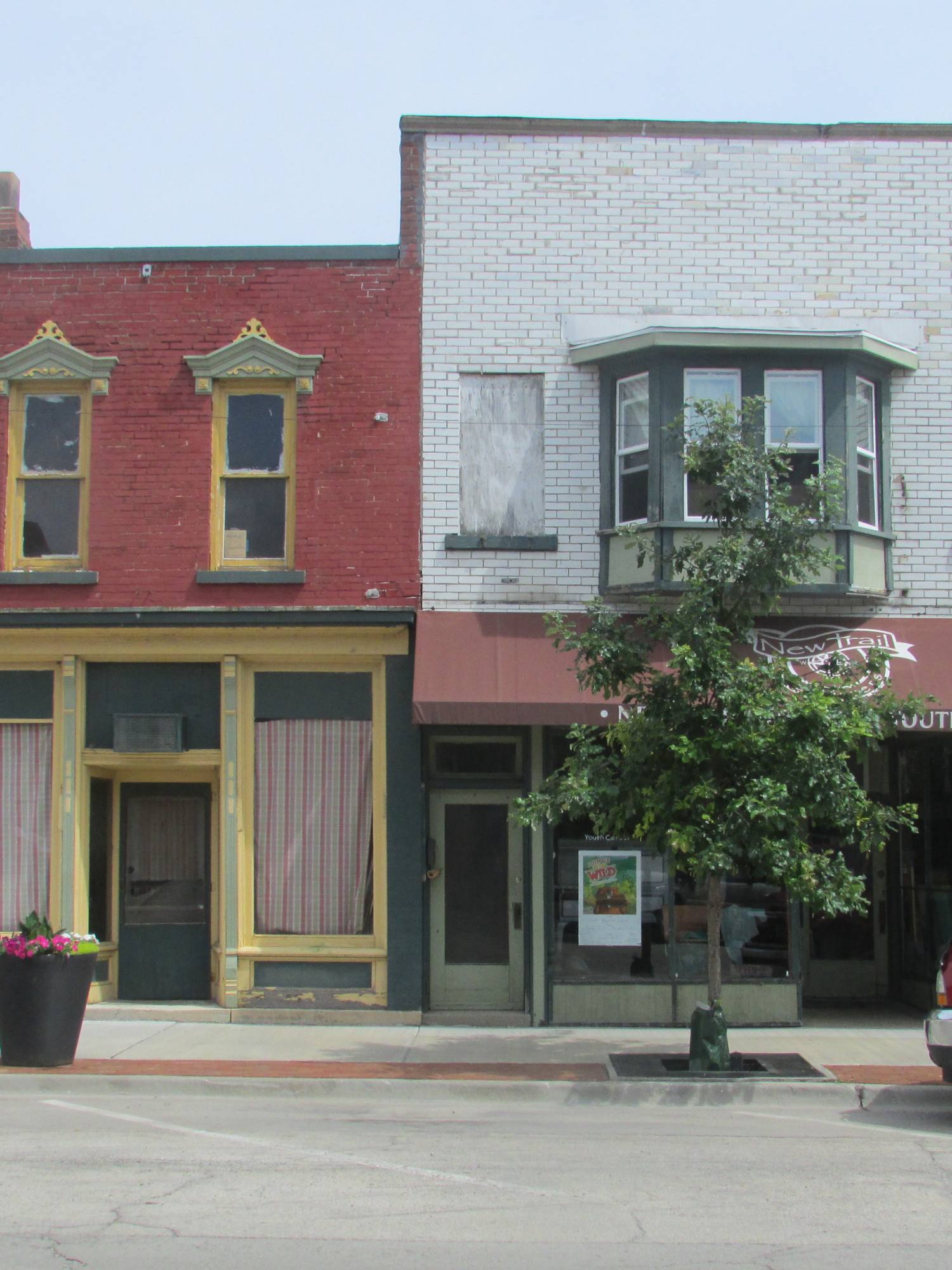 Historic brick storefronts in downtown Momence, Illinois